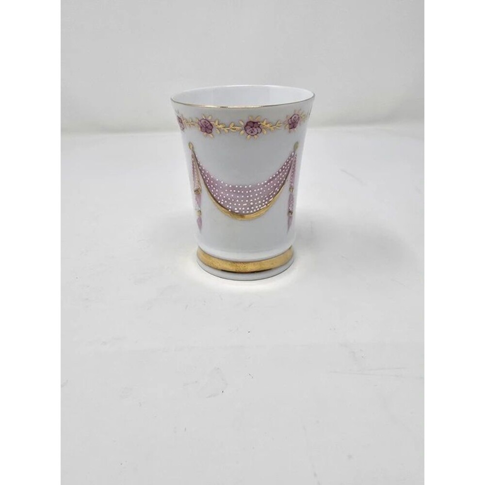 Vintage Hand-Painted Porcelain Beaker Tumbler Pink Floral Rose Garland Draped S